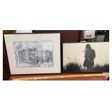2 black and white framed art - girls school and