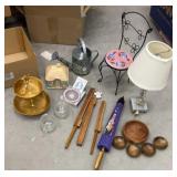 Box lot small chair, lamps, wooden bowls,