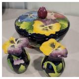 Covered bowl and pair of salt and peppers