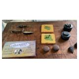 Box lot coasters, fishing advertisement, lures