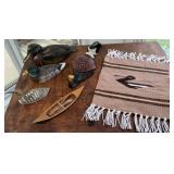 Box of duck related - decoys, wall hook, table