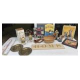 Box lot misc home decor - wall art, horn, basket,