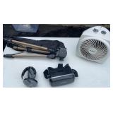 Box lot Dynex tripod, Holmes fan, Virtual Reality