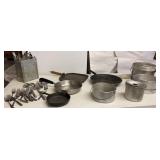 Tub lot pots, pans and flatware, tent stakes