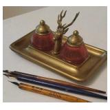 Double elk head inkwell with 3 pens