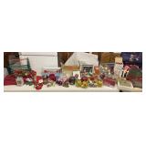 3 Red tub lot Christmas ornaments, lights,