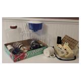 Box & sm tub coffee cups, glass pitcher, candles,