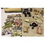 Shoebox lot metal dollhouse furniture, porcelain