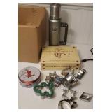 Box - cookie cutters, pampered chef apple peeler,