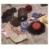 Box of vintage hats, trash can, etc
