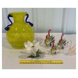 Box lot mostly art glass - vase, roosters, swan
