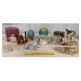 Box lot nice paperweights, globe bank, votive