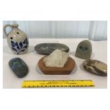 Box of painted rock paperweights, stoneware jug