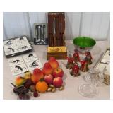 Box lot misc - coasters, fruit, bells, music box,