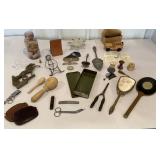 Neat box lot - hand mirror, brush, leather