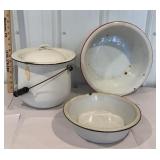 4 piece enamelware - 2 bowls and pot with lid