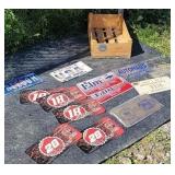 Advertising license plates and wooden crate