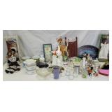 2 box lots with pyrex, knick knacks dolls, etc.