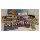 Box lot game, puzzles, playing cards and beanie