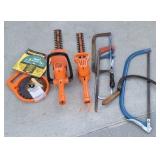 Hedge trimmers, saws, saw blades, etc.