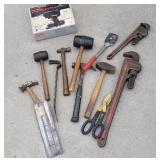 Lot of hammers,soldering gun, pipe wrenchs,