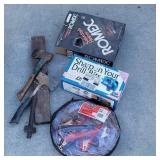 Drill doctor, jumper cables, roll of wire,