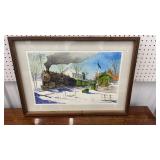 Signed watercolor print of train station approx