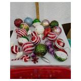 Large and small Christmas bulbs plastic. Red tote
