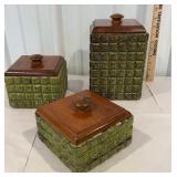 Set of 3 green mid-century ceramic canisters with
