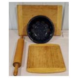 Cutting Boards, enamel Strainer and Rolling Pin
