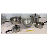Metal pots and pans and a colander - Revere Ware,