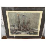 Signed print - German seaport approx 21"x23"