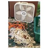 Fan, extension cords, drop lights