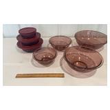 4 Pyrex mixing bowls and 3 Corning glass storage