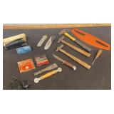 Box of misc tools - hammers, utility knives,