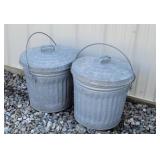2 galvanized trash cans with lids