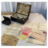 early boxes with ephemera and Victorian buttons -