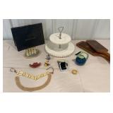 Box of misc - milk glass cake stand (chrome is