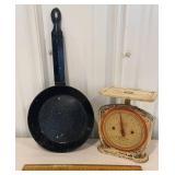 Enamelware pan and Kitchen King scales