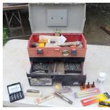 Tool box with contents drill bits, taps,