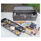 Tool box with contents, sockets, wrenches, tape