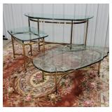 3pc brass and glass coffee table, end table, sofa