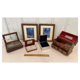 Box of jewelry boxes and framed island prints