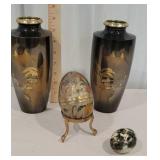 Box - 2 brass vases, & eggs