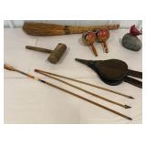 Box of misc - arrows, broom, mallet, etc