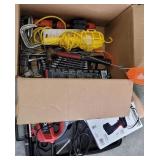 Jig saw, cordless drill, wrenches, drop light