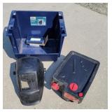 Grinding helmet, oil drain, storage bin