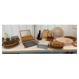 Box of baskets, violin case, glass light shades,