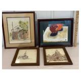 4 piece art - pen and ink drawings, watercolor