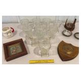 Box of glassware, wall plaque, coasters etc